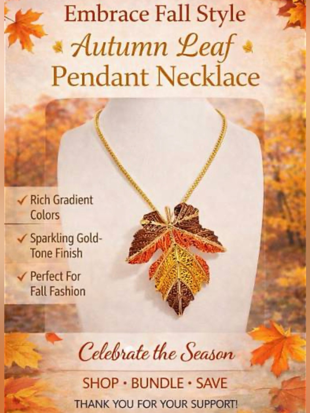 Gold-Tone Autumn Leaf Pendant Necklace in Brown, Orange & Gold